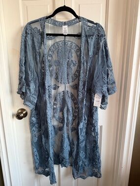 Lace Sheer Kimono Duster in Dusty Blue